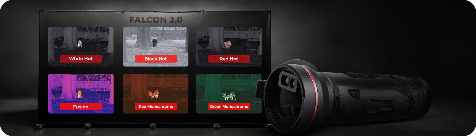 Palety kolorów White Hot, Black Hot, Red Hot, Fusion, Red Monochrome i Green Monochrome w kamerze termowizyjnej HIKMICRO Falcon 2.0.